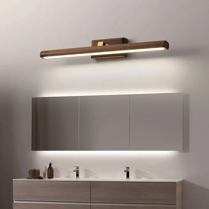 Lampe murale LED en bois de noyer, design scandinave épuré pour un éclairage d'ambiance intérieur doux et moderne.