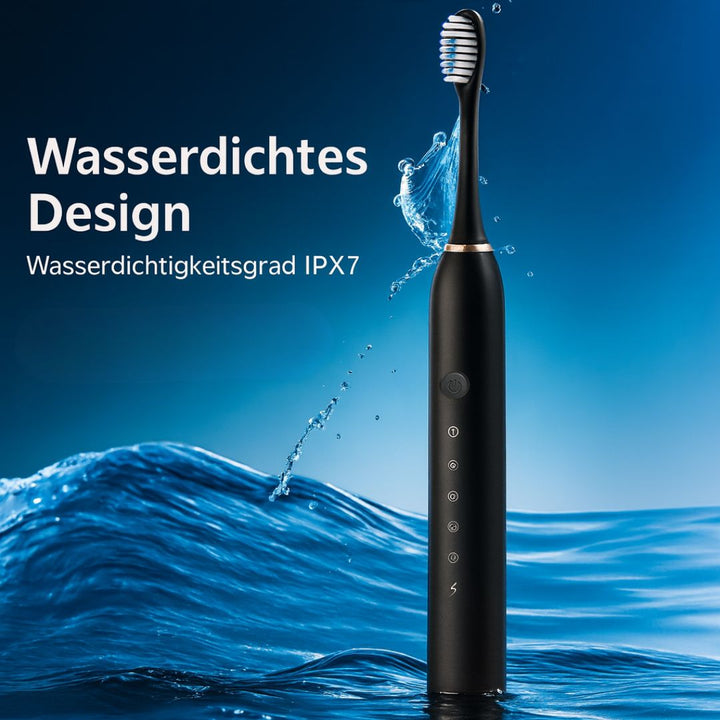 Brosse à dents électrique sonique tenue en main, ergonomique, assurant un nettoyage doux et efficace des dents.