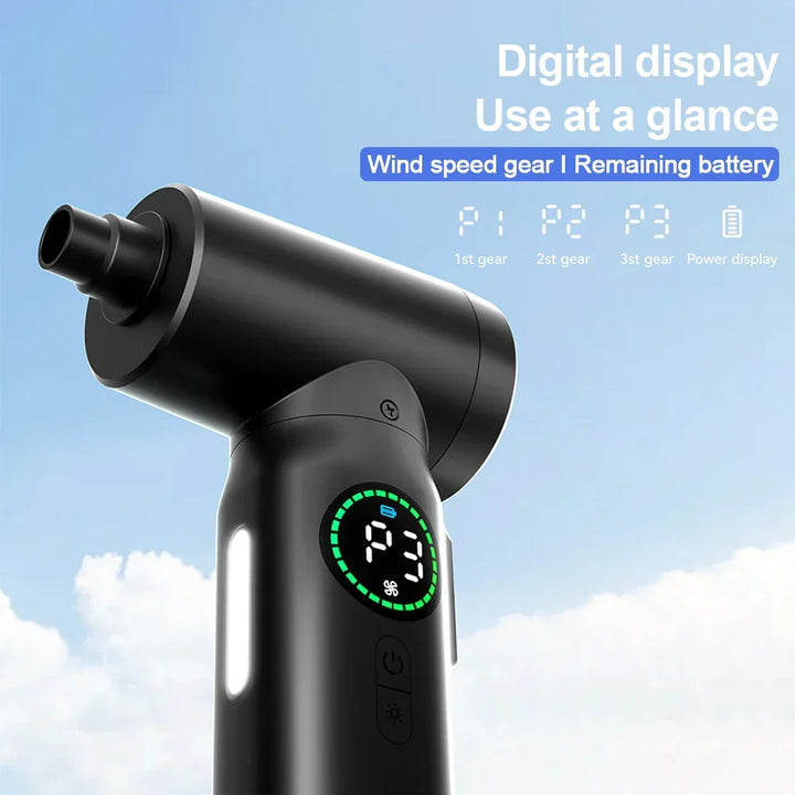 Outil nettoyage multifonctionnel : aspirateur souffleur portable 2-en-1 avec lumière LED intégrée.