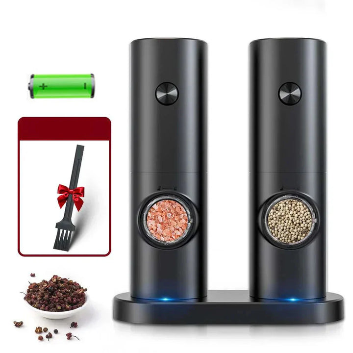 Accessoire de cuisine design : moulins à poivre et sel électriques, corps en acier inoxydable.