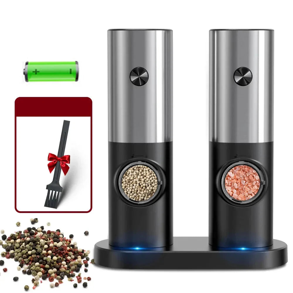 Moulins automatiques en inox pour poivre et sel, avec éclairage LED pour une meilleure visibilité.