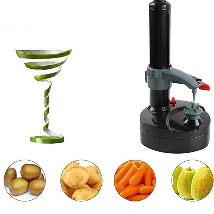 Ustensile de cuisine automatique pour éplucher efficacement pommes, poires et autres fruits avec précision et sécurité.