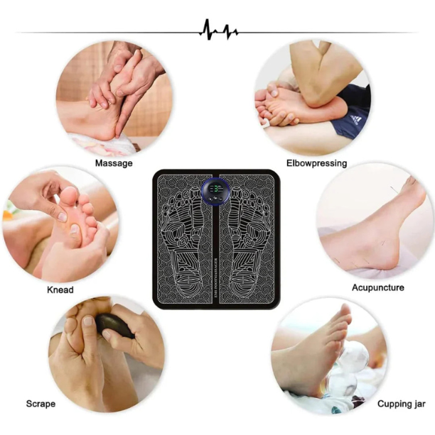 Personne utilisant le tapis de massage EMS anti-fatigue pour la relaxation et le bien-être général des pieds.