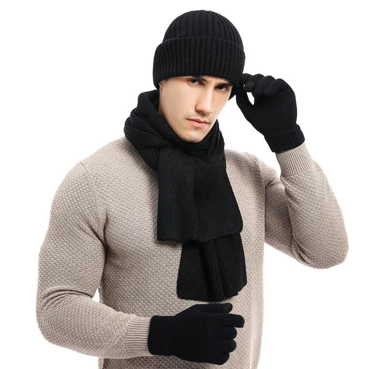 Ensemble hiver homme ultra chaud : bonnet, écharpe et gants doublés. Protection optimale contre le froid mordant.