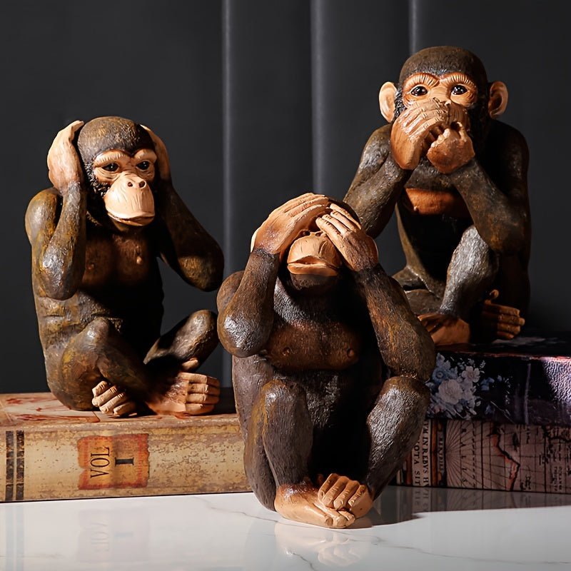 Statuettes singes sages 'ne rien voir, ne rien entendre, ne rien dire' en résine, décoration zen.