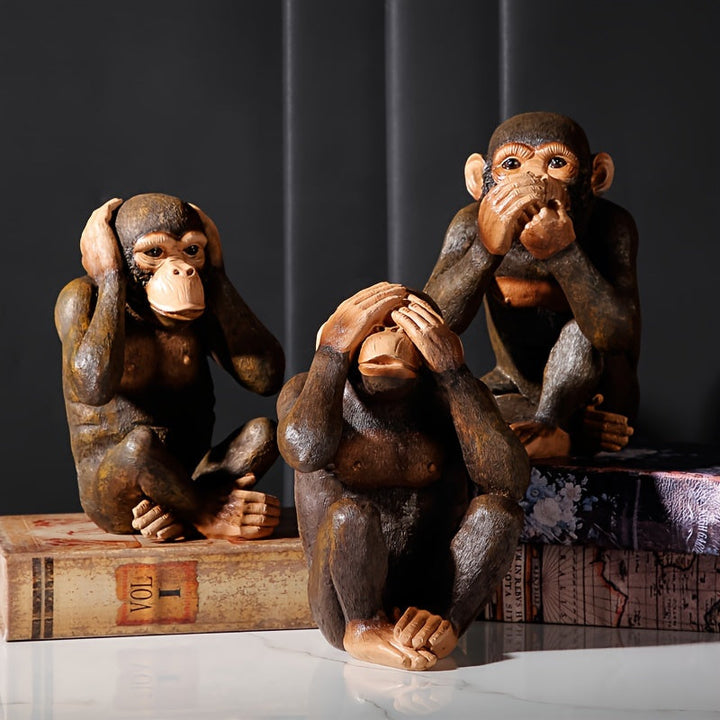 Décoration de jardin zen avec 3 statuettes singes sages en résine résistante, ornement animalier.