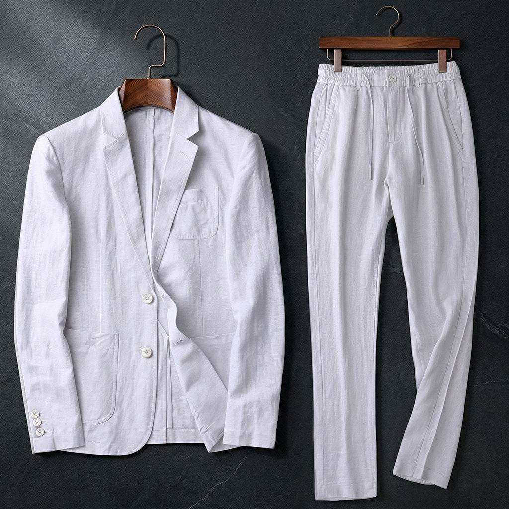 Ensemble costume décontracté homme, blazer et pantalon, idéal pour mariage été ou événement spécial. Élégance chic et confort.