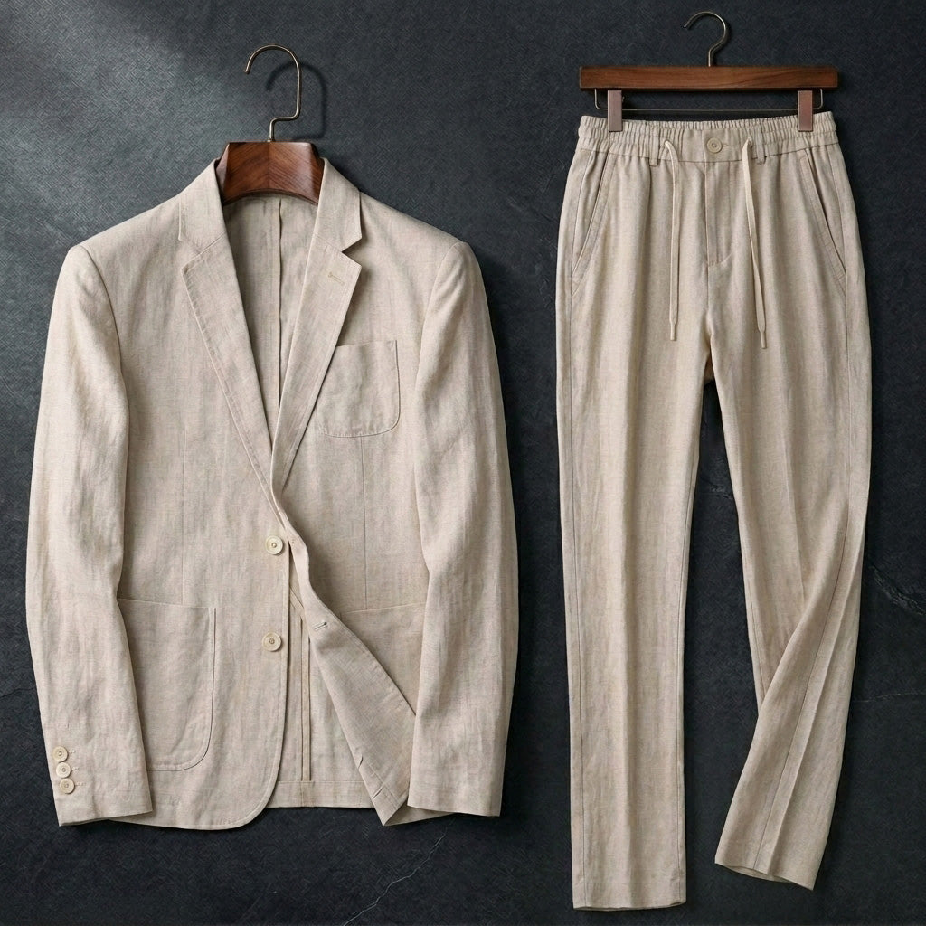 Blazer homme décontracté élégant, tissu léger, parfait pour un style estival chic et une tenue de ville confortable.