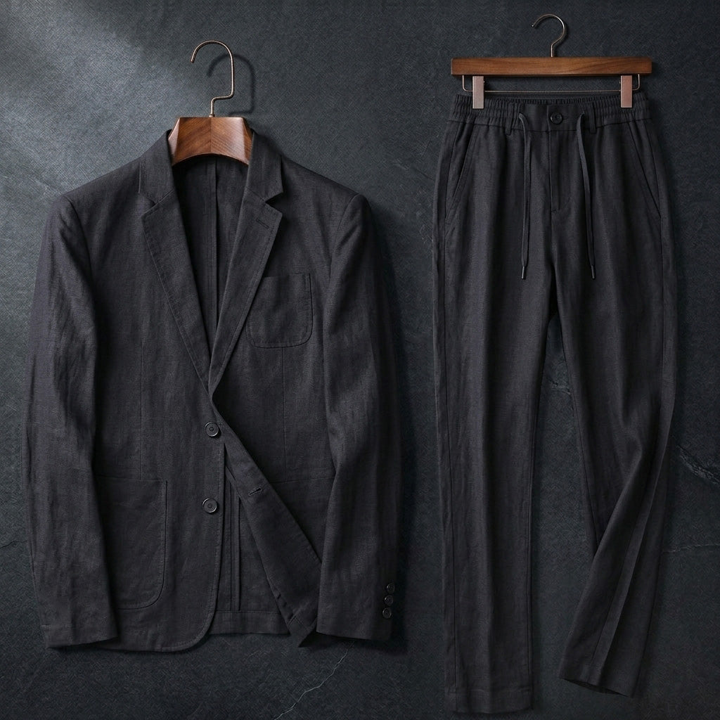 Homme en ensemble costume élégant et confortable, style décontracté estival, parfait pour mariage ou garde-robe d'été.
