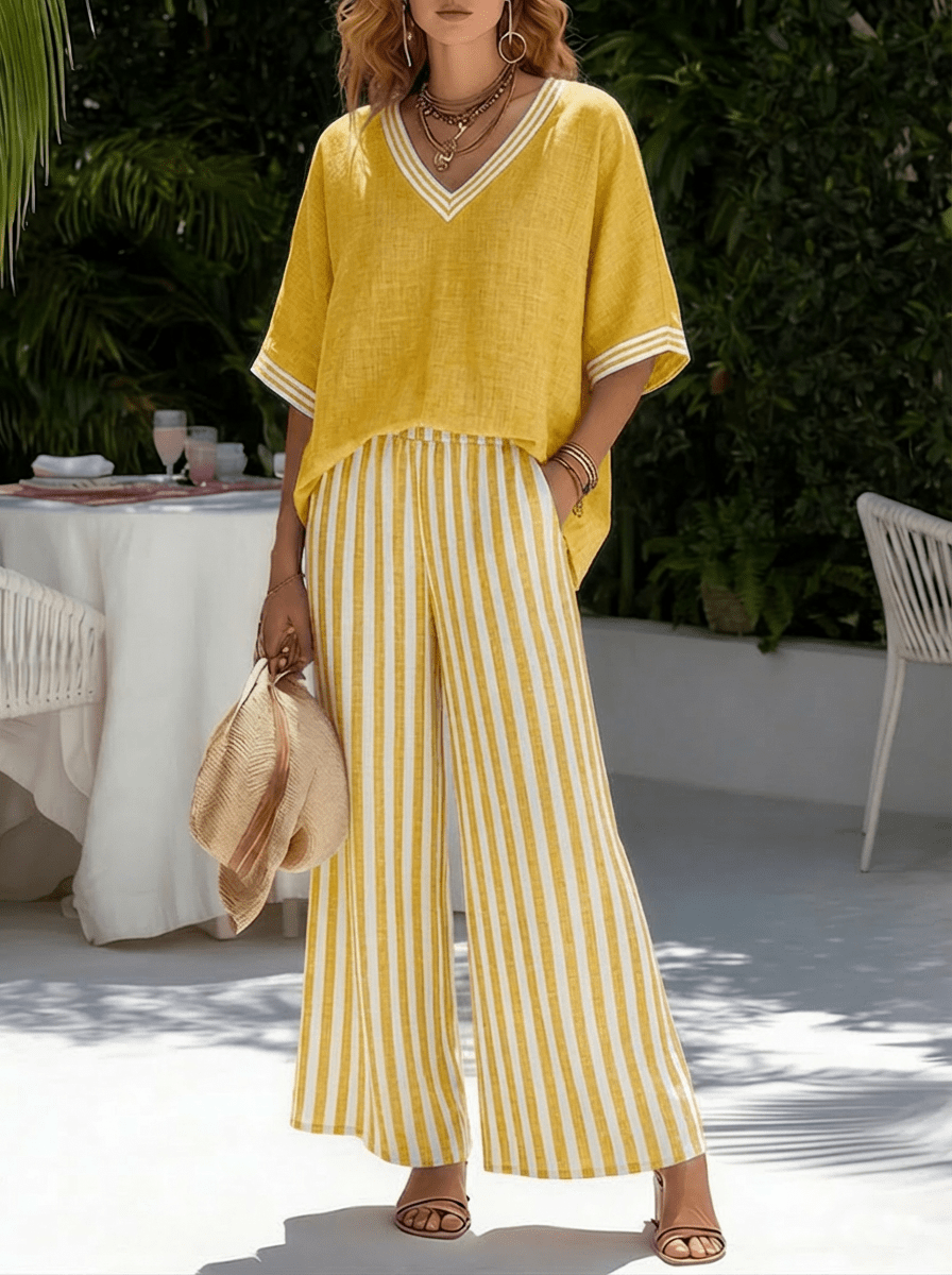 Ensemble femme chic à rayures: pantalon large fluide et haut col V. Parfait pour un style décontracté estival.