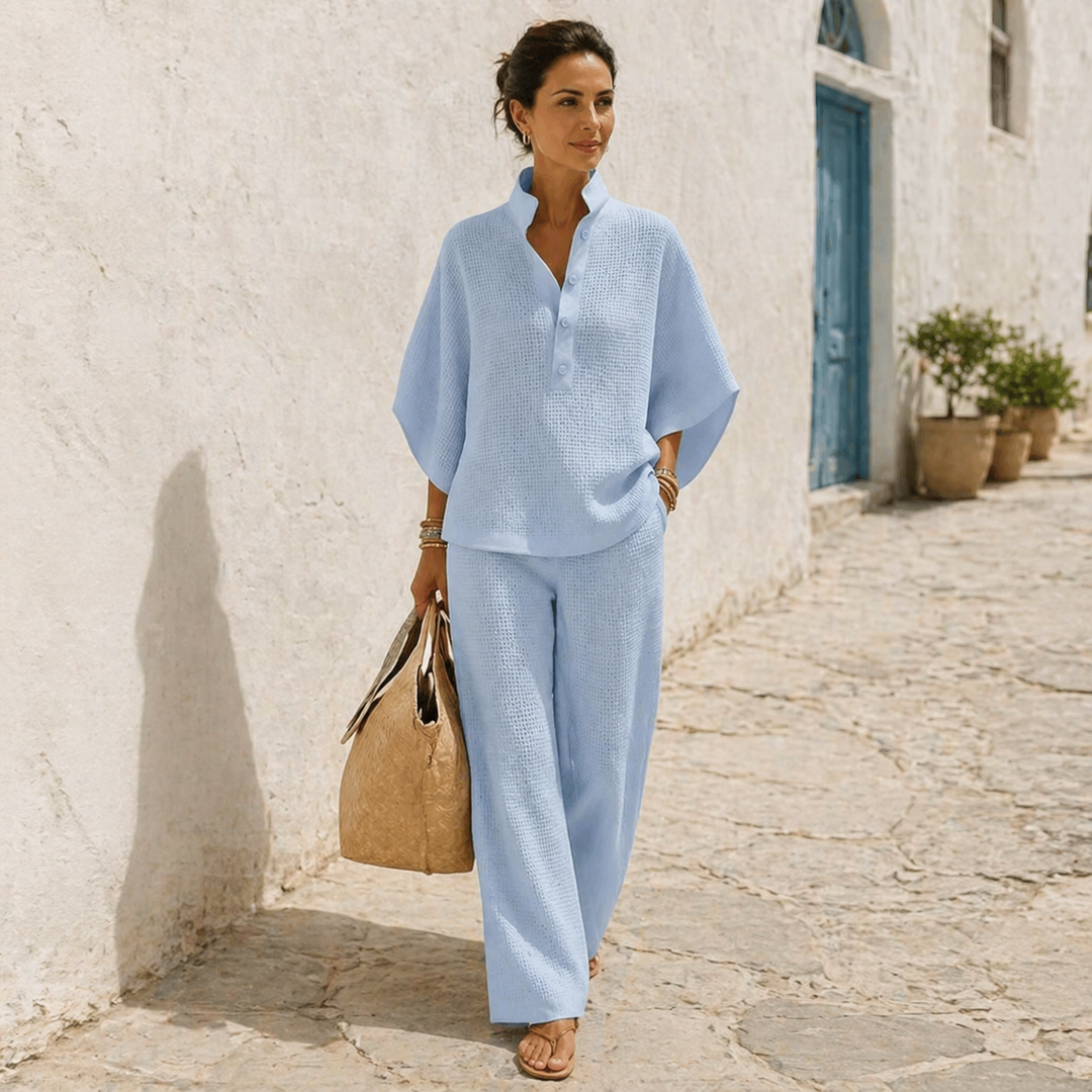 Mode féminine: ensemble deux pièces femme polyvalent. Confortable, avec haut et pantalon large pour toute occasion.