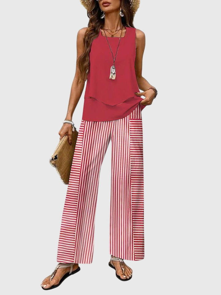 Tenue deux pièces fluide femme, pantalon palazzo et top floral sans manches, parfaite pour un confort élégant.