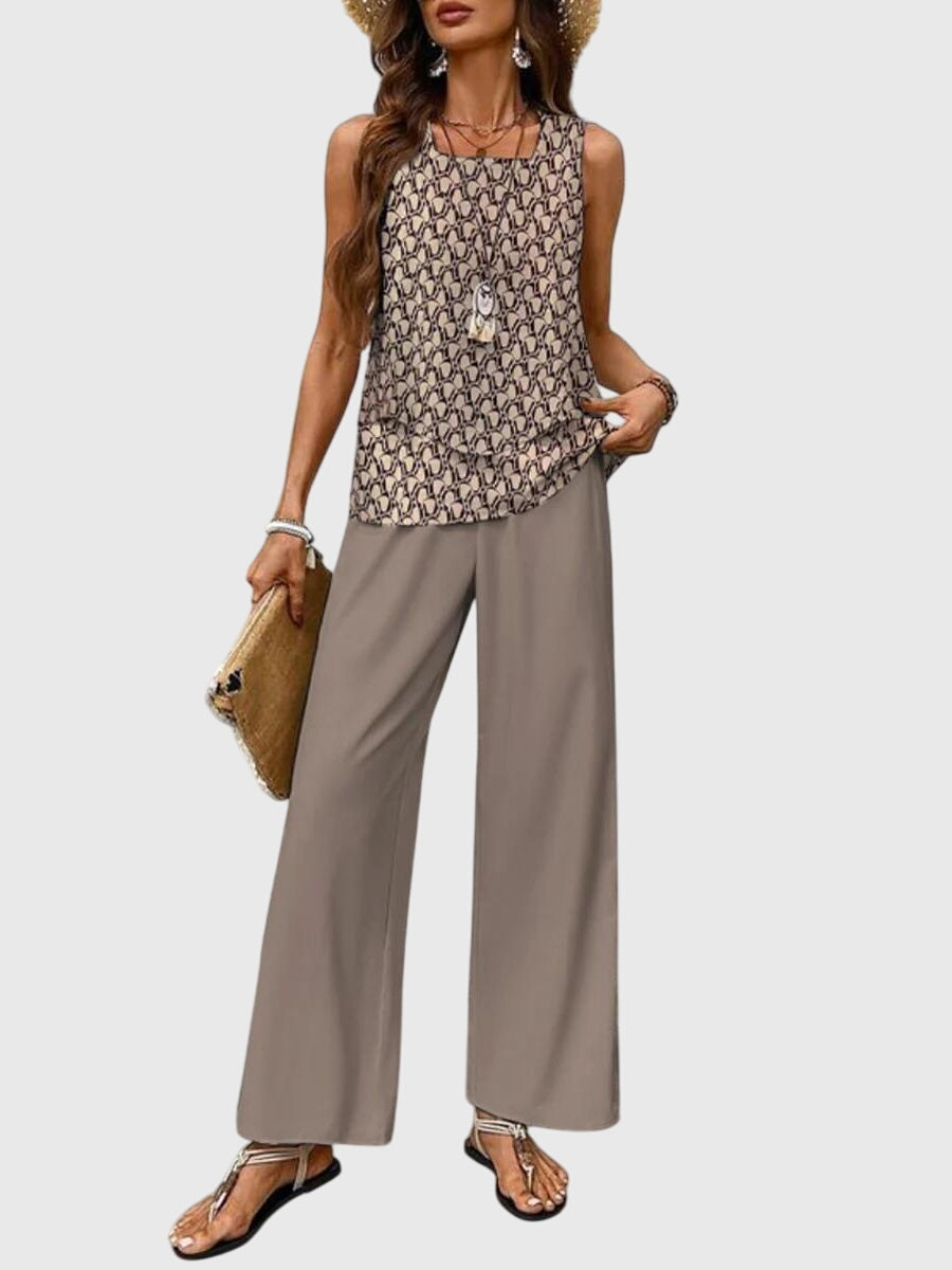 Ensemble chic décontracté femme, pantalon large fleuri et top d'été, idéal pour vacances et loisirs printaniers.