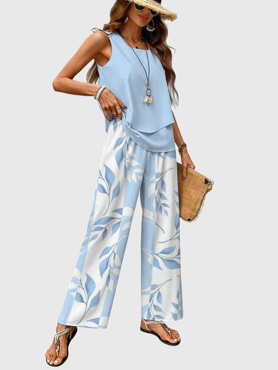 Ensemble estival femme deux pièces, pantalon palazzo fleuri coloré et top uni, mode confortable et stylée.