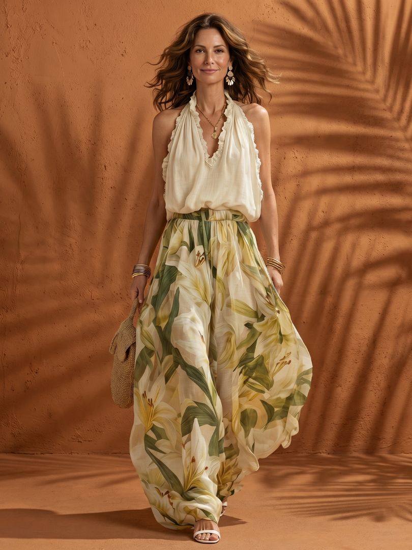 Ensemble deux pièces femme bohème chic dos nu avec top court et pantalon palazzo imprimé floral, idéal été.
