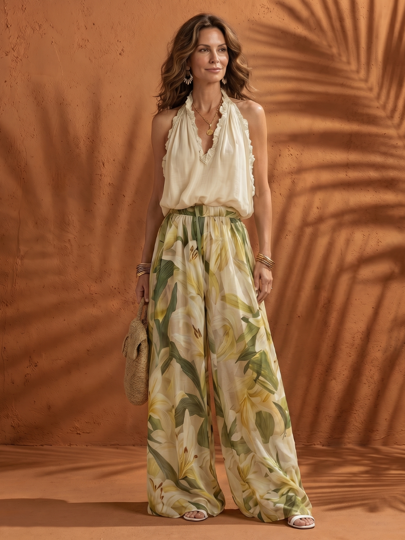 Tenue décontractée élégante femme, ensemble deux pièces dos nu confortable pour vacances d'été ou plage.
