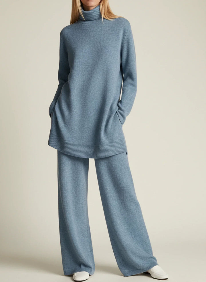 Ensemble femme mode : top col roulé et pantalon jambes larges. Confort chic et style polyvalent pour toute saison.