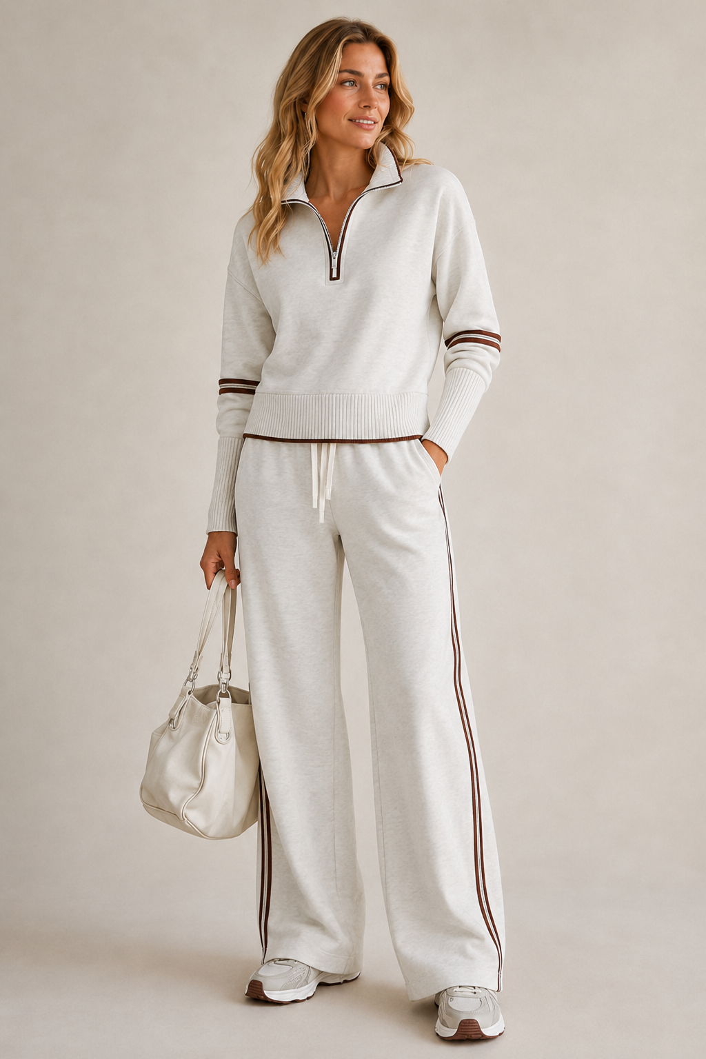 Tenue femme décontractée et élégante: ensemble rayé pull col montant demi-zip et pantalon large confortable.