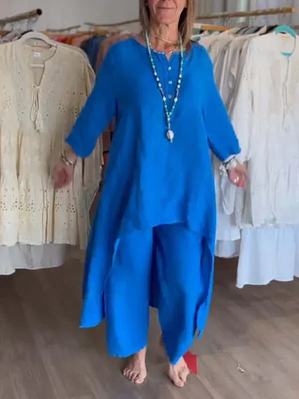 Ensemble polyvalent femme, style fluide et décontracté, idéal pour une tenue confortable et chic au quotidien.