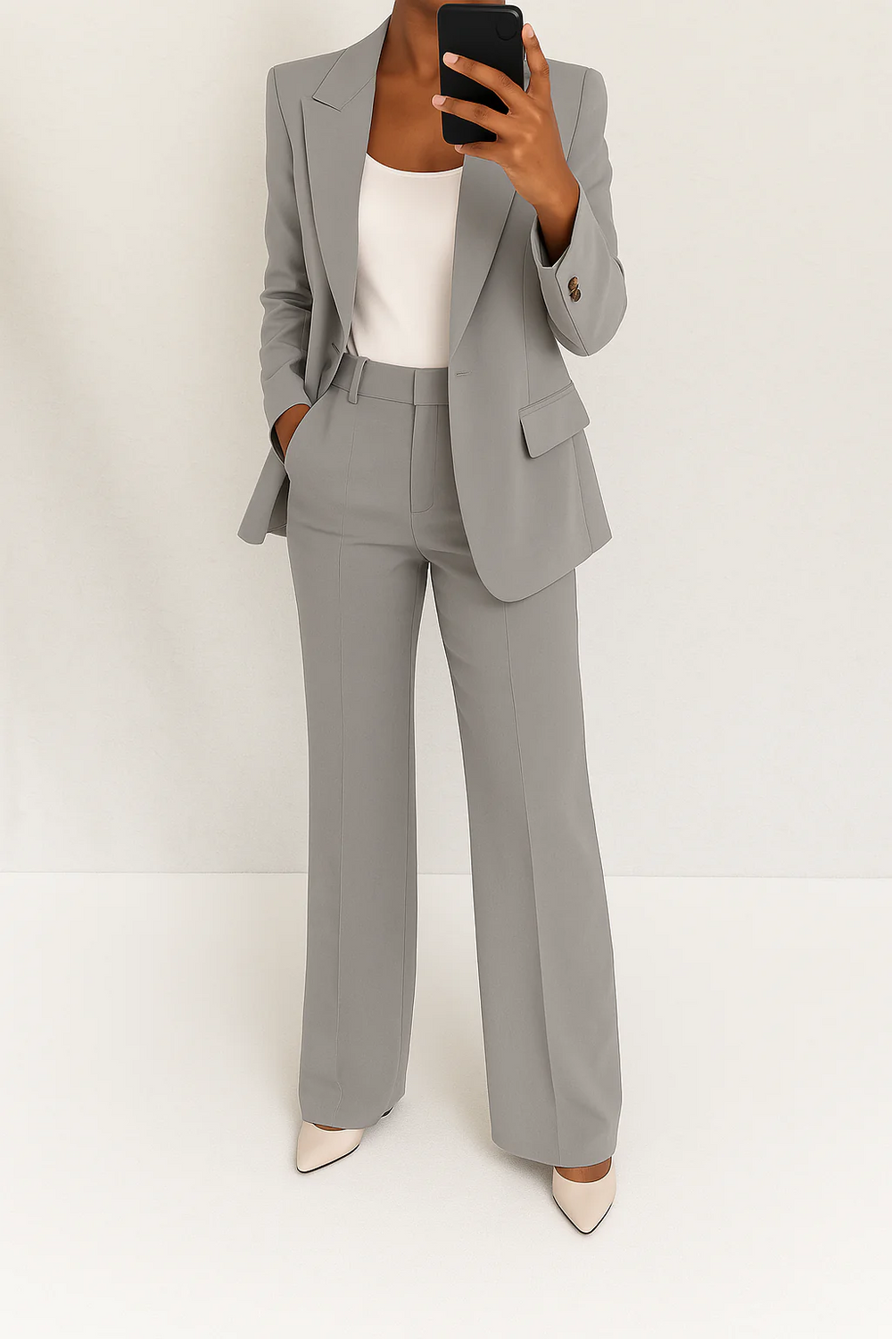 Tailleur femme coupe ajustée. Ensemble blazer pantalon polyvalent, idéal bureau ou look décontracté chic.