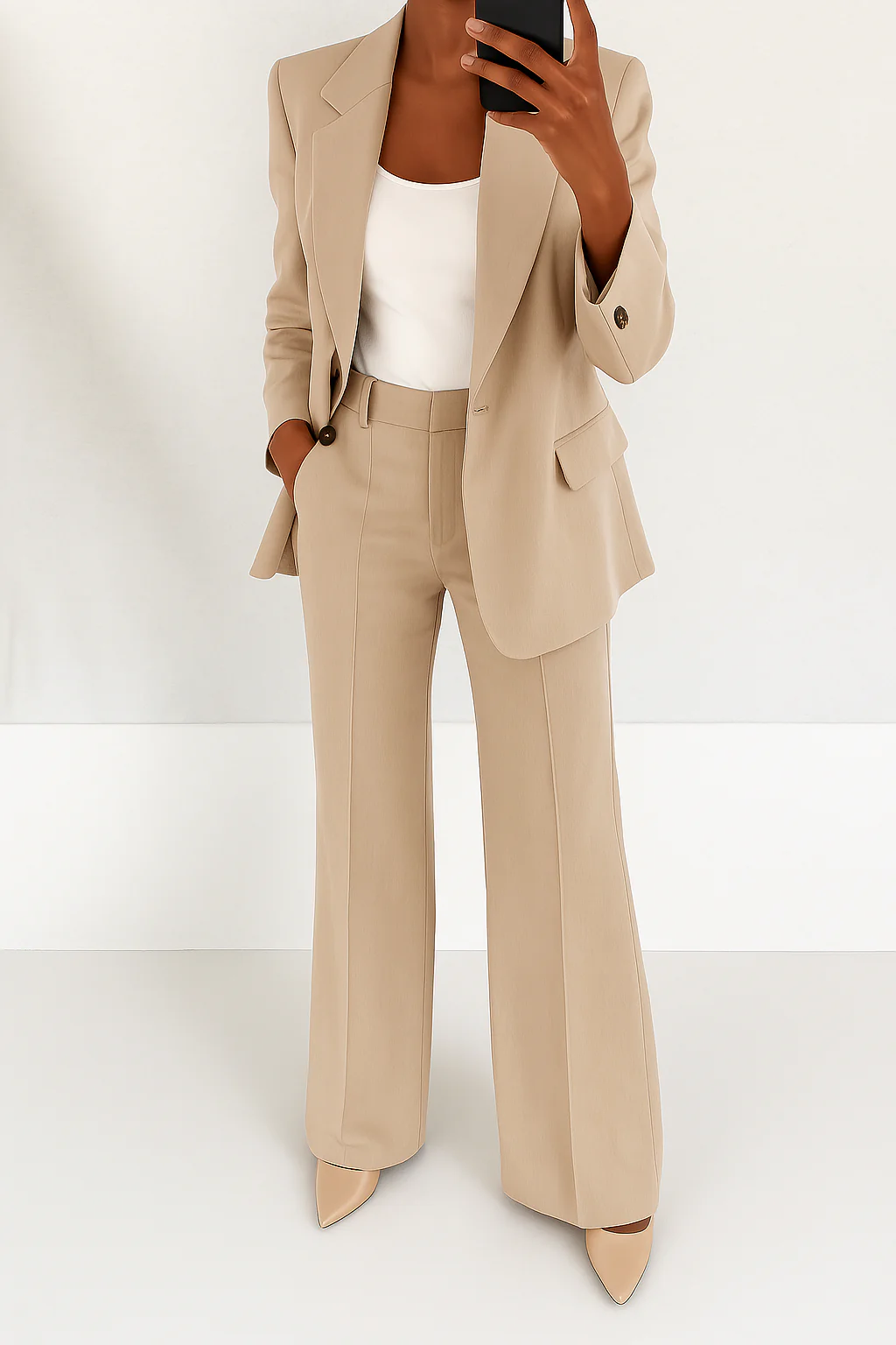 Blazer femme et pantalon ajustés. Ce tailleur élégant est parfait pour une tenue de bureau professionnelle et moderne.