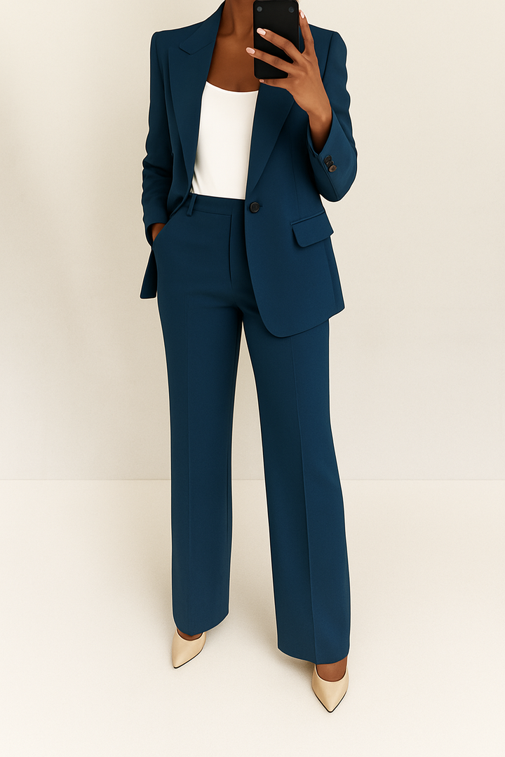 Ensemble tailleur femme, blazer et pantalon. Tenue de bureau élégante et professionnelle avec une coupe ajustée.