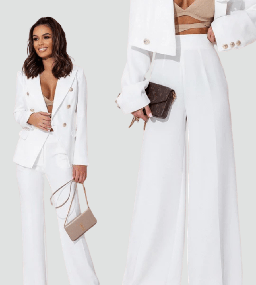 Pantalon de tailleur femme élégant, taille haute, coupe droite, idéal pour look professionnel chic.