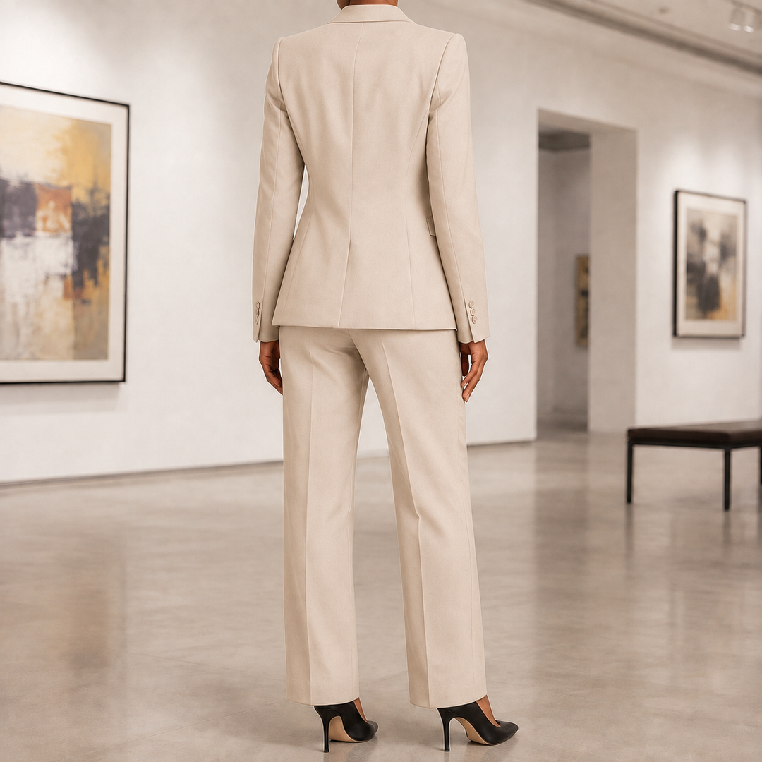Tailleur femme moderne : blazer et pantalon, chic et polyvalent pour le bureau ou soirée.