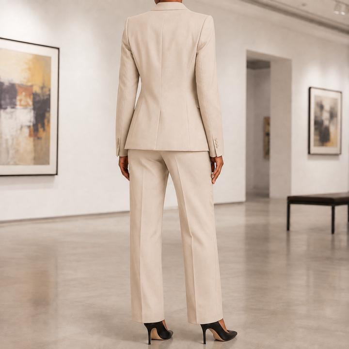 Tailleur femme moderne : blazer et pantalon, chic et polyvalent pour le bureau ou soirée.