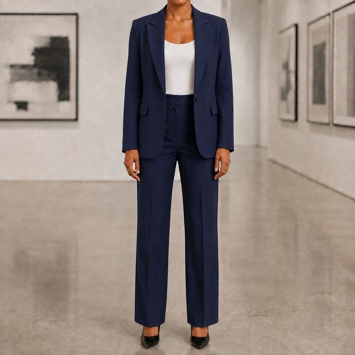 Ensemble deux pièces femme : blazer et pantalon, idéal pour une tenue de bureau chic.