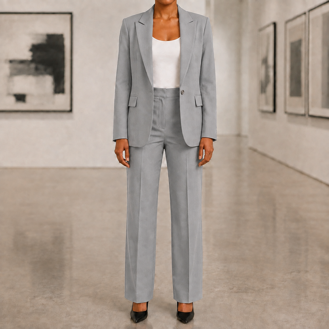 Tailleur femme de soirée : blazer et pantalon élégant, vêtement formel et chic.