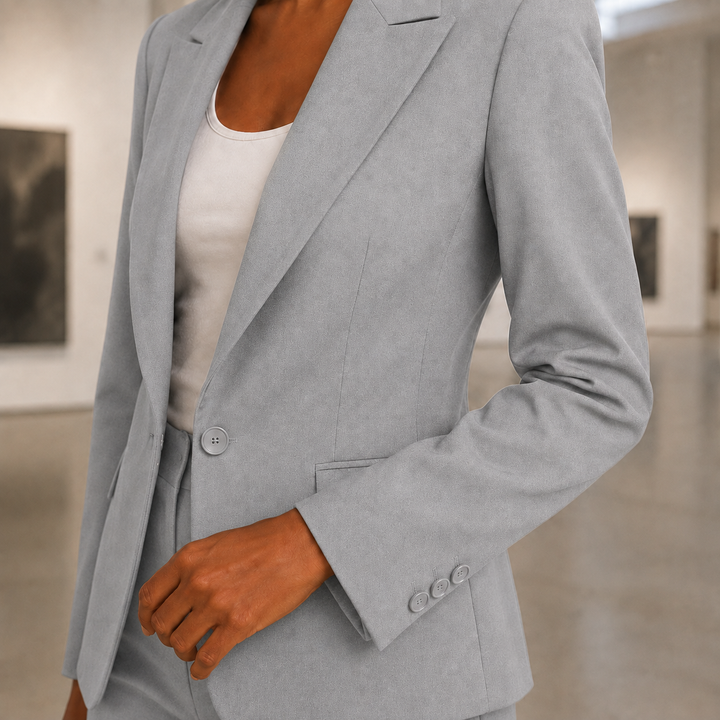 Ensemble deux pièces femme élégant : blazer et pantalon pour un look formel.