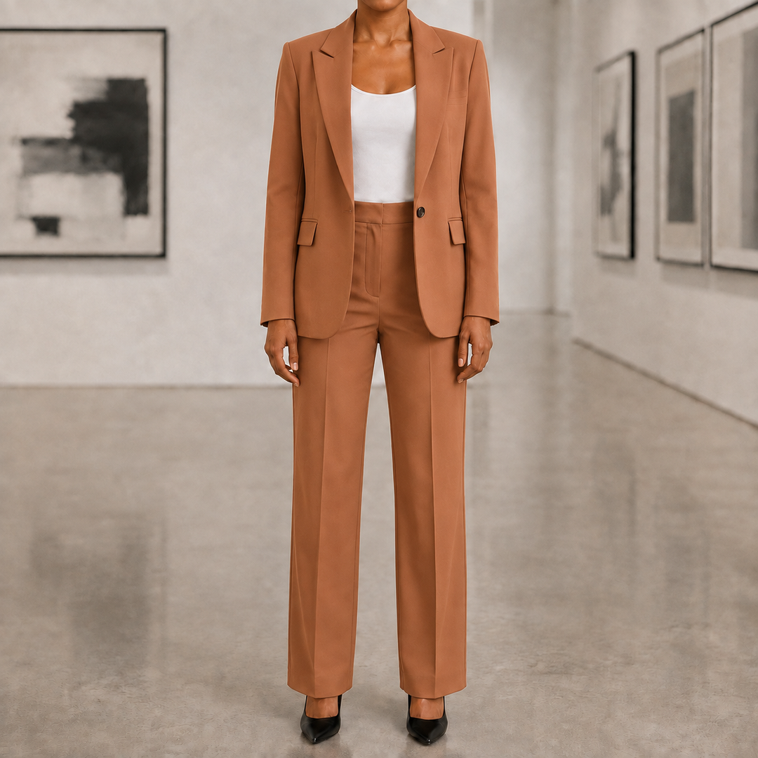 Vêtement formel femme : tailleur pantalon élégant, idéal pour les réunions et cérémonies.