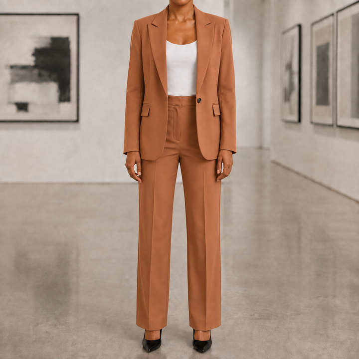 Vêtement formel femme : tailleur pantalon élégant, idéal pour les réunions et cérémonies.