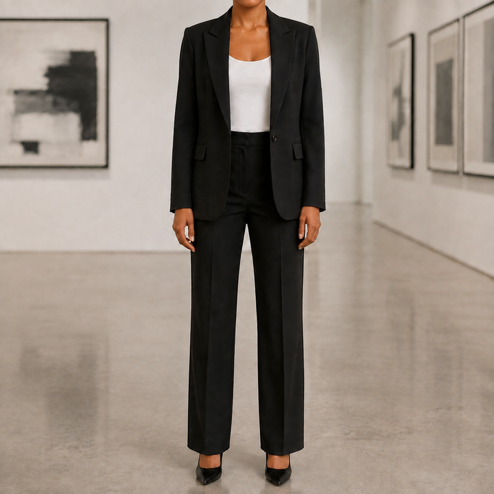 Ensemble élégant : blazer et pantalon pour femme, idéal pour le bureau et les événements.
