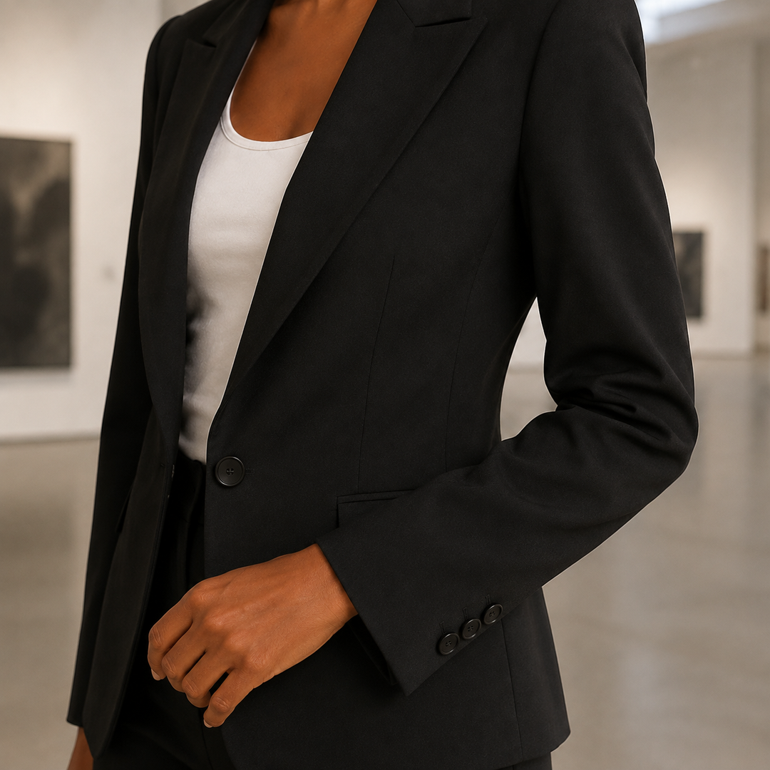 Tenue de bureau femme : tailleur blazer et pantalon, pour un look professionnel impeccable.