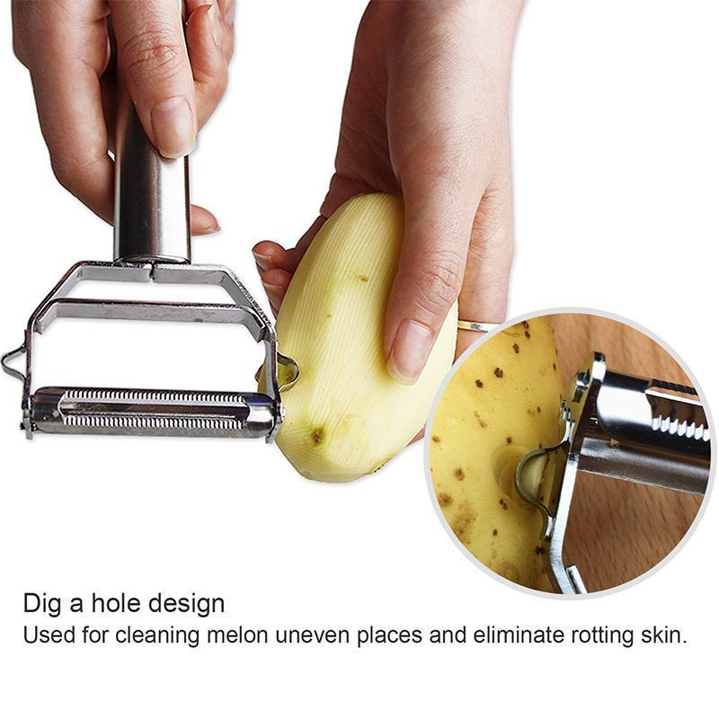 Ustensile de cuisine 2-en-1: éplucheur et coupe-julienne, pour préparer les légumes facilement.