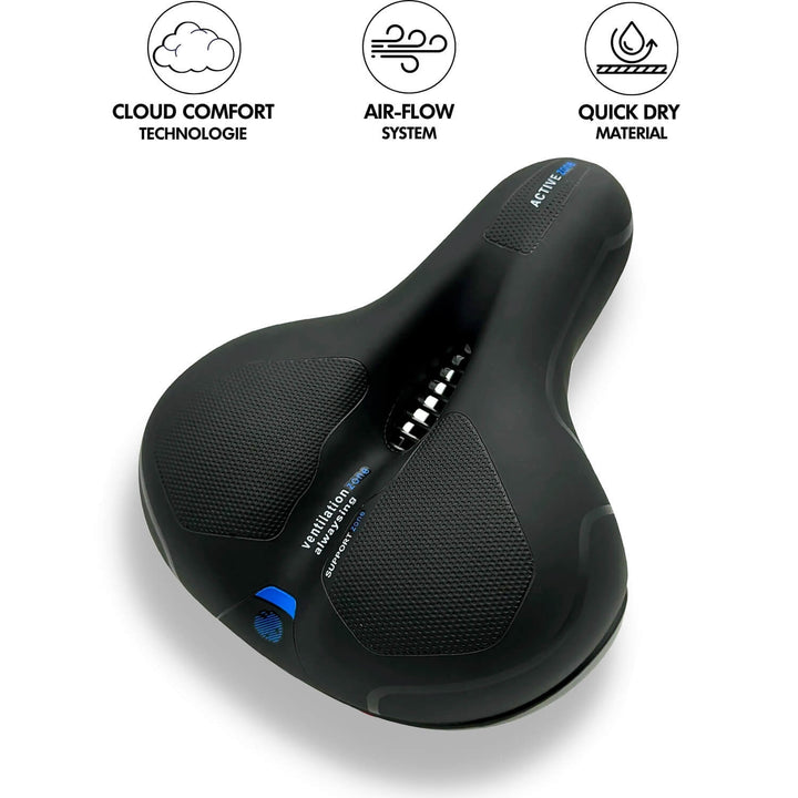 Selle de vélo bleue ergonomique, confort supérieur en cyclisme pour hommes/femmes.