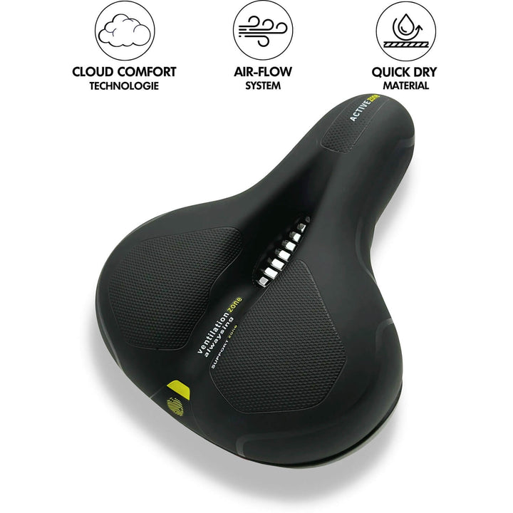 Selle vélo jaune, design ergonomique, confort absolu pour cyclistes.