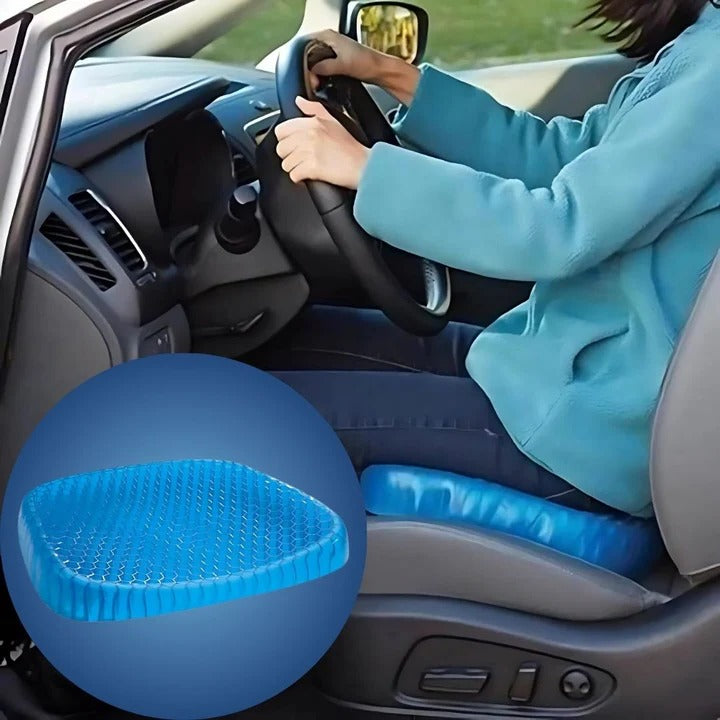 Coussin de siège en gel viscoélastique, ergonomie avancée pour prévenir et soulager douleurs de dos et de coccyx.