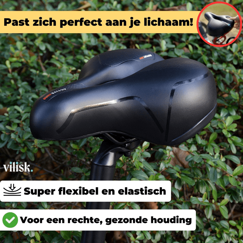 Selle SoftRide ergonomique noire, conçue pour un confort maximal et réduire les douleurs en cyclisme VTT/route.