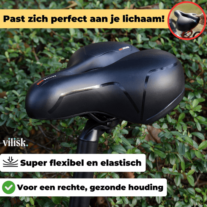 Selle SoftRide ergonomique noire, conçue pour un confort maximal et réduire les douleurs en cyclisme VTT/route.