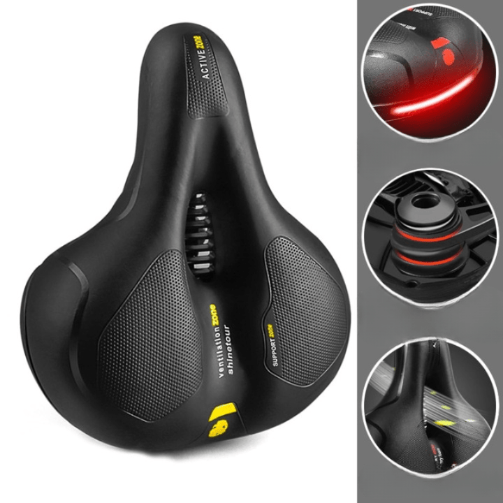 Texture similicuir de la selle vélo SoftRide, rembourrée pour un confort supérieur et anti-douleur.