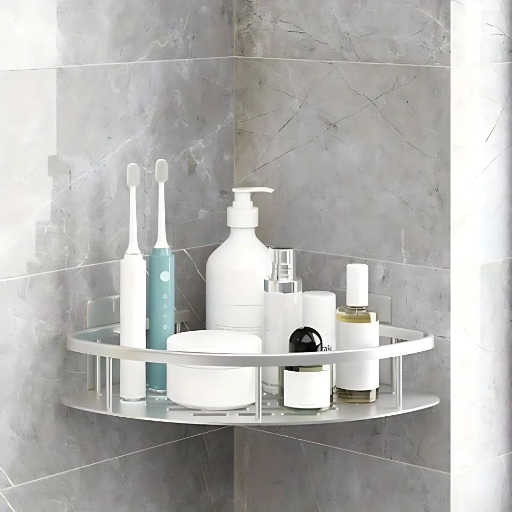 Étagère d'angle adhésive noire pour douche, rangement mural sans perçage en aluminium, organiseur bain gain de place.