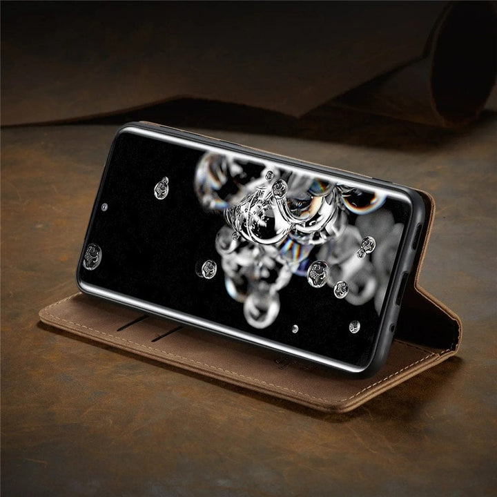 Portefeuille magnétique pour téléphone en cuir synthétique. Étui protecteur, compatible recharge sans fil.