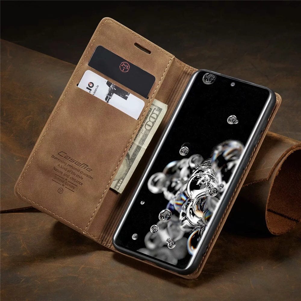 Étui multifonction pour téléphone en cuir synthétique. Offre protection robuste et espace pour vos cartes.