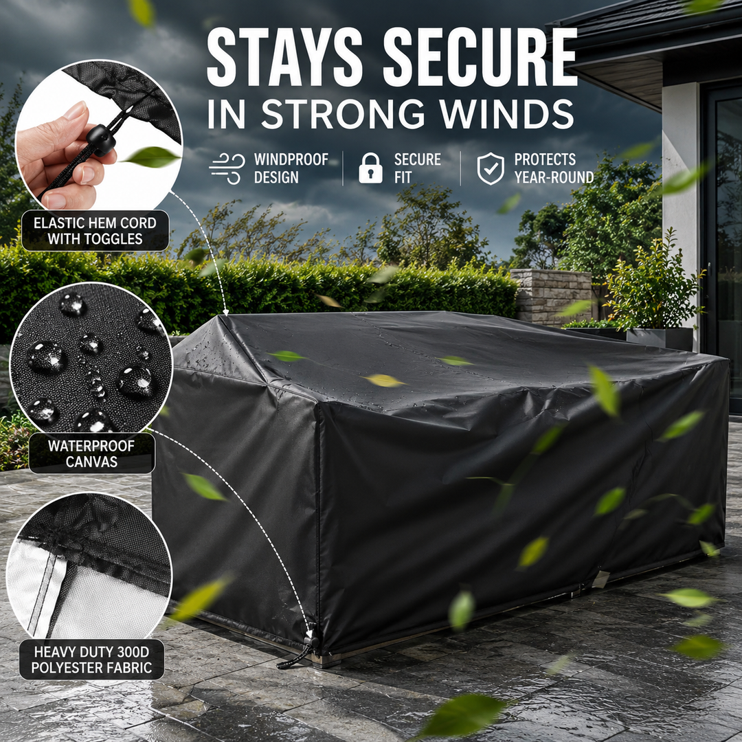 Protection anti-UV pour table et chaises de jardin, housse durable contre le soleil et intempéries.