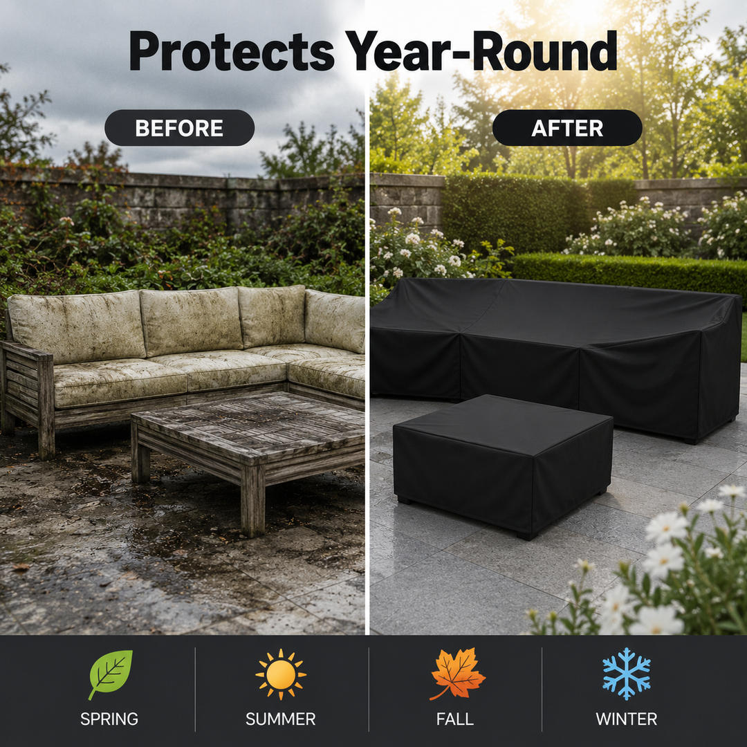 Housse discrète pour protection de meubles de patio, étanche, anti-pluie et UV, s'intègre au jardin.
