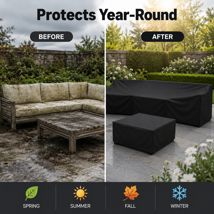 Housse discrète pour protection de meubles de patio, étanche, anti-pluie et UV, s'intègre au jardin.