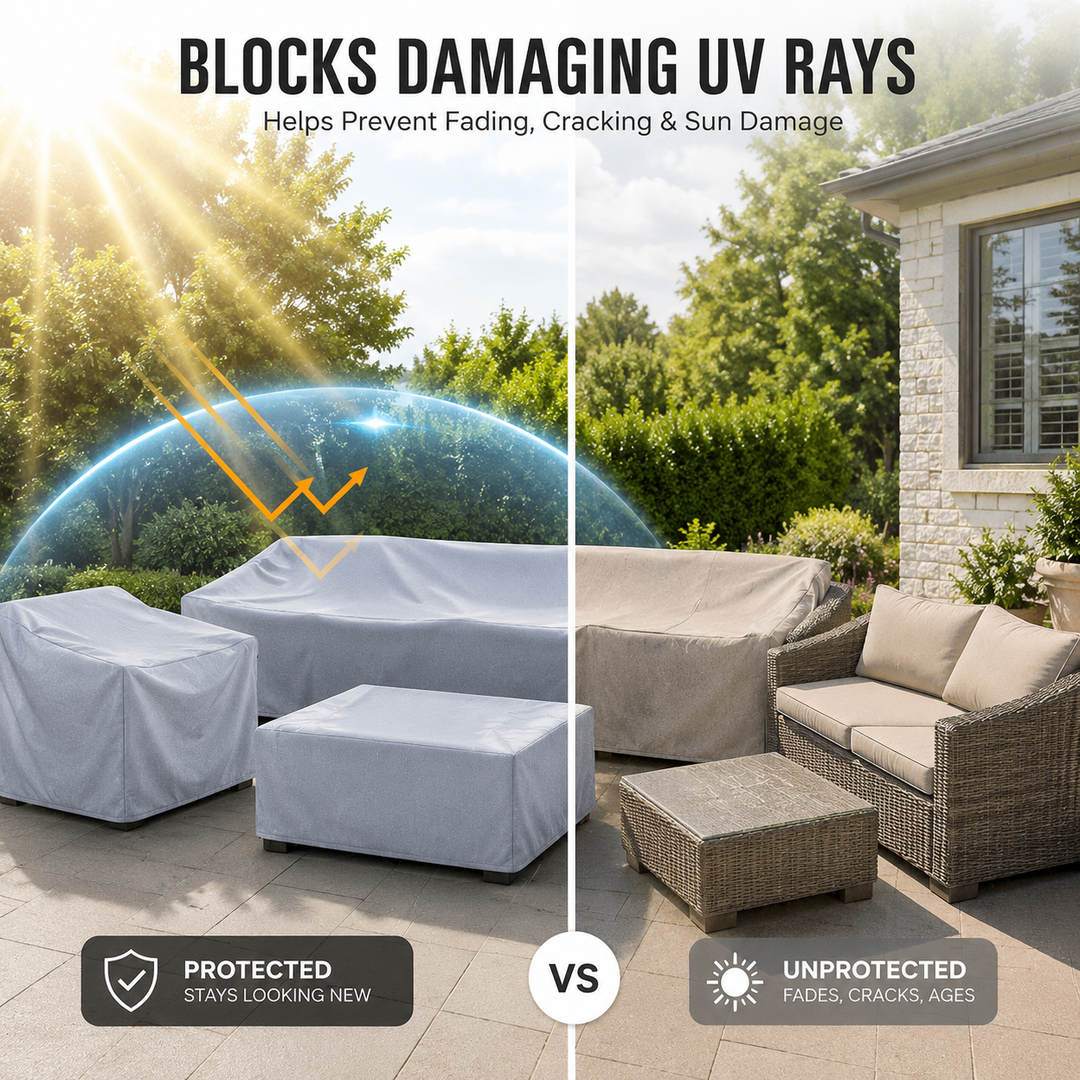 Texture durable de la housse de protection étanche pour meubles de jardin, anti-UV, couleur gris.